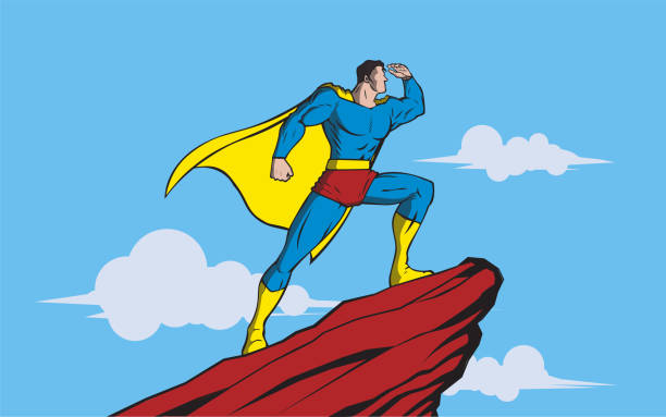 Vector Retro Pop Art Style Superhero Looking at Far Away Stock Illustration A retro pop art style vector illustration of a superhero standing on a rock while looking at far away with his hand. Easy to grab and edit. Wide space available for your copy. cartoon of a searching stock illustrations