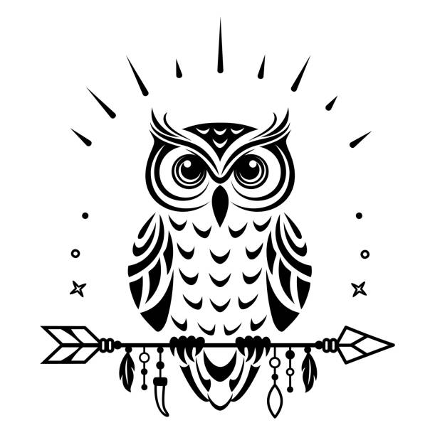 Black and white silhouette of an owl with an arrow in boho style. Tribal illustration. The owl sits on an arrow. Bird silhouette. Stylized black and white graphics in tribal style. Boho vector illustration. TOdark animal, talisman. background of a owl black and white stock illustrations