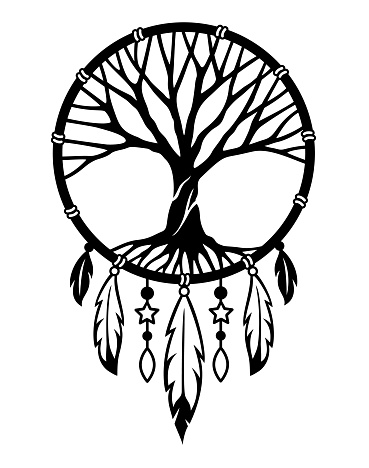 Dream catcher with tree of life inside. Tribal indian symbol. Ethnic vector illustration. Dreamcatchers silhouette. Boho style design