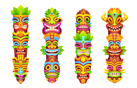 Hawaiian tribal totems with tiki masks on poles. Polynesian god wooden statues, colored native african tikki masks isolated on white background, vector cartoon set