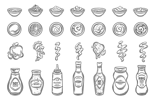 Sauces outline icons set vector illustration. Line hand drawing plastic or glass bottles, splashes and bowls with black soy, spicy chili and BBQ sauce, ketchup and mayonnaise, mustard and wasabi