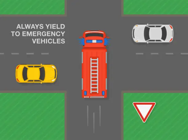 Vector illustration of Safe driving tips and traffic regulation rules. Always give way to emergency vehicles at crossroads. Fire truck car goes first at intersection with give way sign.
