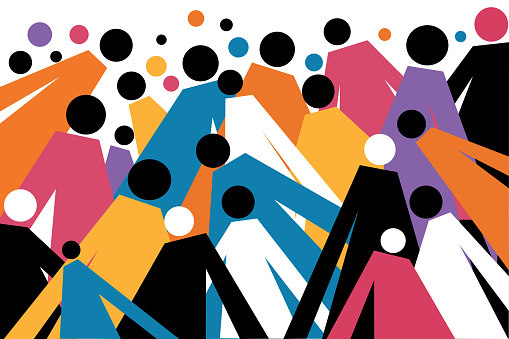 Geometric illustration of a crowd of multi coloured human figures