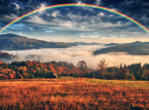 Rainbow over the Mountains. autumn morning in the Carpathians. Nature of Ukraine