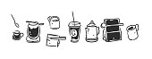 istock Set of coffee elements, kettle, mug and cups . Trending vector doodle illustrations for coffee shop and restaurant menu. Hand drawn coffee shop design concept and coffee break icons. Menu line art. 1495361166