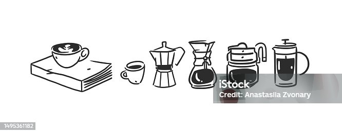 istock Set of coffee elements, kettle, mug and cups . Trending vector doodle illustrations for coffee shop and restaurant menu. Hand drawn coffee shop design concept and coffee break icons. Menu line art. 1495361182