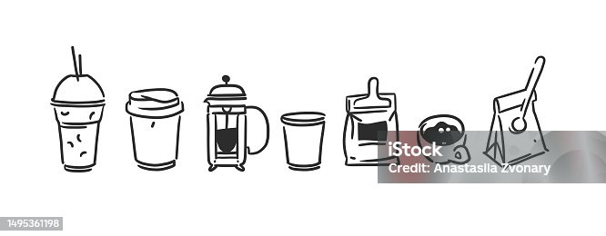 istock Set of coffee elements, kettle, packaging, mug and cups of coffee to go. Trending vector doodle illustrations and icons for coffee shop and restaurant menu. Hand drawn coffee shop design concept. 1495361198