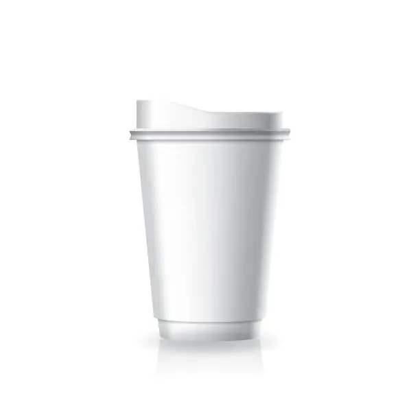 Vector illustration of Blank white paper-plastic coffee-tea cup with white lid in medium size mockup template.