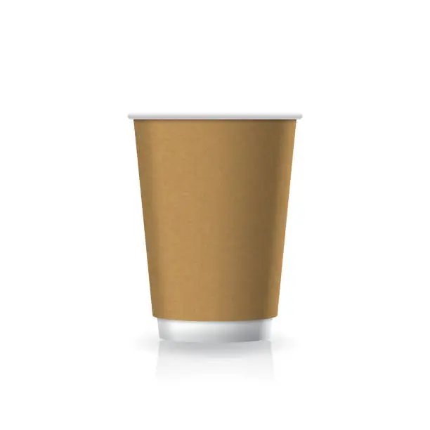 Vector illustration of Blank brown kraft paper-plastic coffee-tea cup white bottom in medium size mockup template.