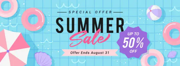 Vector illustration of Summer Sale Banner vector illustration. top view of pool with swim rings. Pink, blue and purple theme