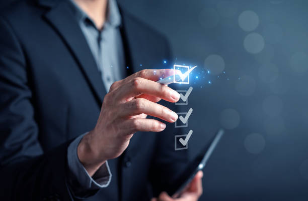 istock Checklist Quality management with Quality Assurance or QA and Quality Control or QC and improvement. Standardization certification. Compliance to regulations service and standards. 1495364041