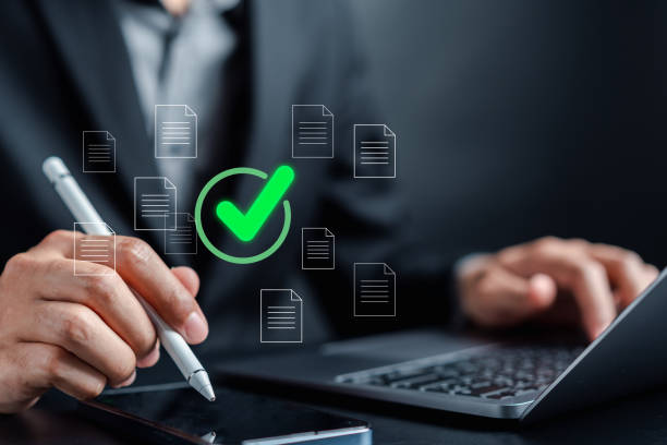 istock Checklist Quality management with Quality Assurance or QA and Quality Control or QC and improvement. Standardization certification. Compliance to regulations service and standards. 1495364045