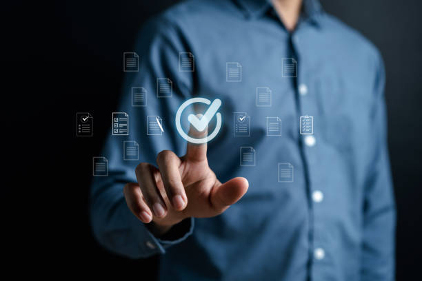 istock Checklist Quality management with Quality Assurance or QA and Quality Control or QC and improvement. Standardization certification. Compliance to regulations service and standards. 1495364154
