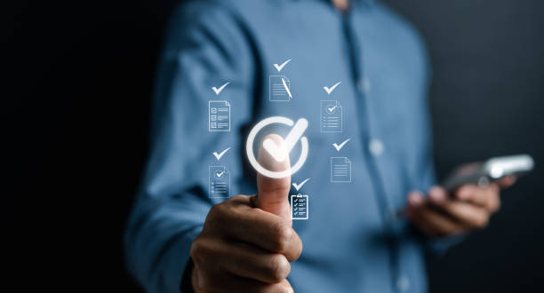 istock Checklist Quality management with Quality Assurance or QA and Quality Control or QC and improvement. Standardization certification. Compliance to regulations service and standards. 1495364560