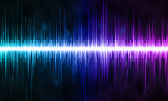 Sound waves oscillating blue and purple glow of light.Background for radio, club, party. Vibration of light in haze, abstract background