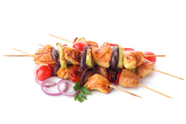 istock Tasty chicken shashlik isolated on white background 1495366899