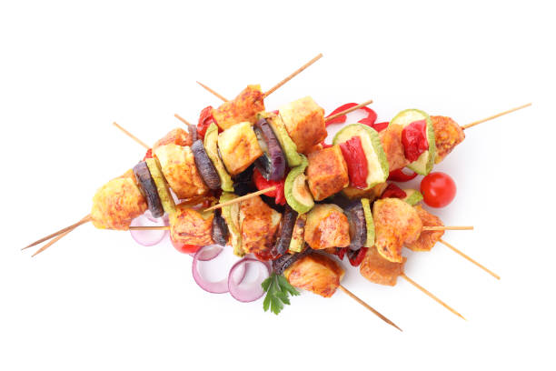 istock Tasty chicken shashlik isolated on white background 1495367047