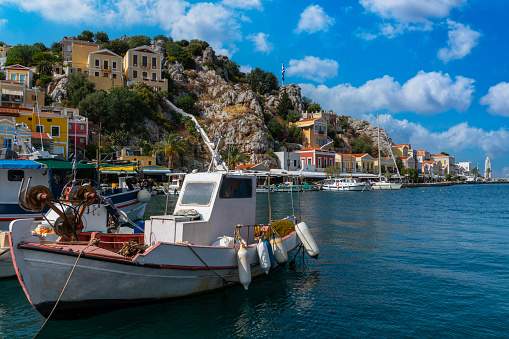 Houses and boats on the Greek island of Symi.