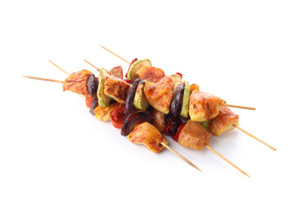 istock Tasty chicken shashlik isolated on white background 1495367904