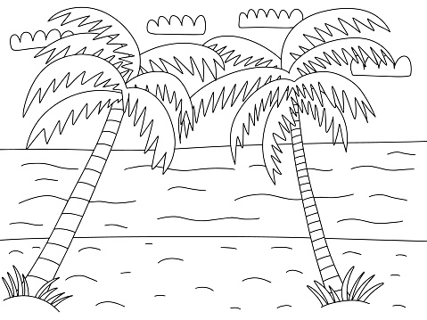 Vector beach landscape with sea and palms coloring page. Hand drawn colouring page with summer sand beach