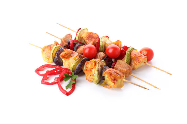 istock Tasty chicken shashlik isolated on white background 1495368445