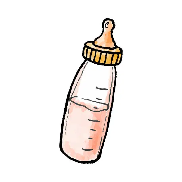 Vector illustration of Hand-drawn watercolor illustration of pink baby bottle. Sippy cup with milk in doodle style.