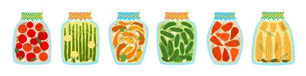 Vector illustration of Different glass jars with pickled vegetables
