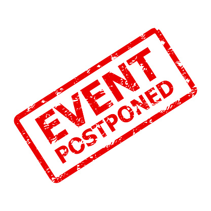 Event postponed rubber stamp, concert or party. Vector illustration. Cancelled event stamp, another meeting time, concert postponing, prohibition tag, new date unknown, rescheduled time event