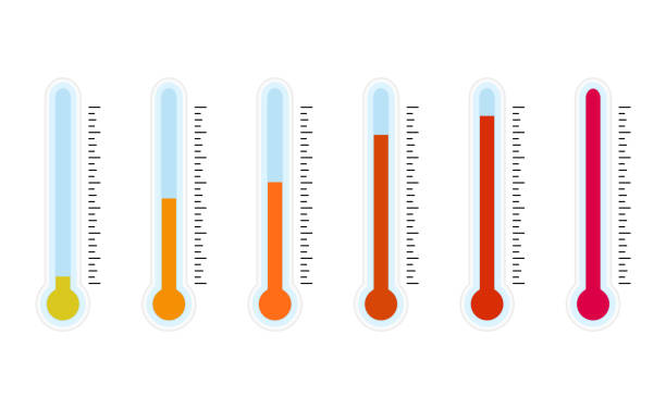 Thermometer collection with high temperature, hot and hotter animation Thermometer collection with high temperature, hot and hotter animation. Vector illustration. Thermometer scale, different temperature concept, mercury control, medical or meteorology instrument thermometer gauge stock illustrations