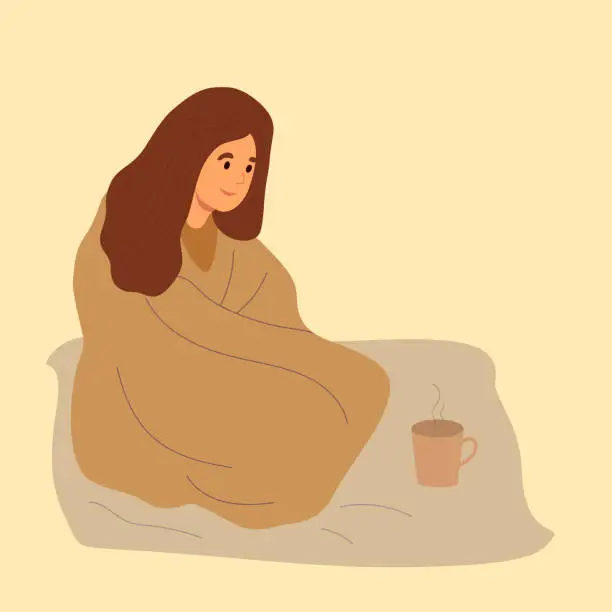 Vector illustration of Hand drawn warm blanket. Vector illustration. Woman wrapped in cozy blanket is sitting next to teacup.