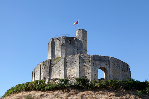 Gisors, France - October 07 2020: Ruins of the keep of the castle of Gisors, a former fortified castle, built between the end of the eleventh century and the sixteenth century.