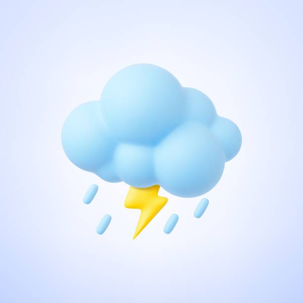 Cloud 3d with raindrops and lightning. Weather, autumn rainy day element. Thunder light, render vector graphic element vector art illustration