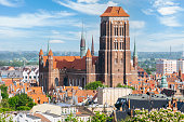 Gdansk Old Town from Gradowa Hill: St. Mary's Basilica and Blue Sky with Clouds.