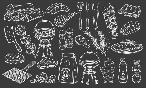 ilustraciones, imágenes clip art, dibujos animados e iconos de stock de bbq grill outline sketches set - steak chef cooking meat