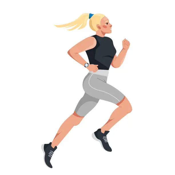 Vector illustration of A young athletic blonde woman runs a marathon. Vector illustration in a flat style