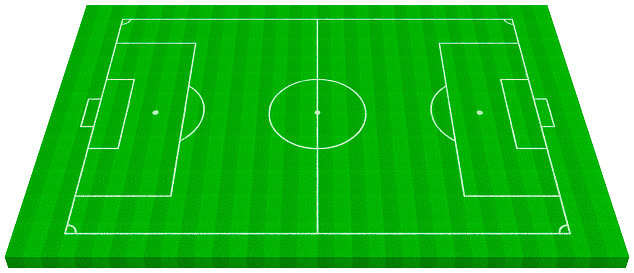 Digitally generated football pitch with scoreboard and lights