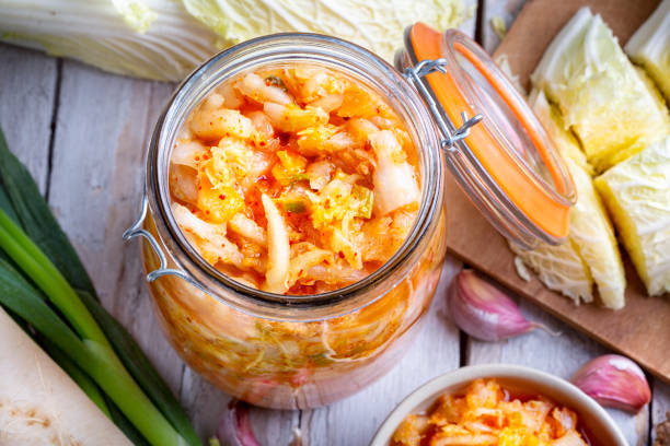 Homemade kimchee and glass jar
