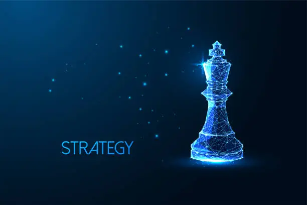 Vector illustration of Futuristic concept of leadership, power, strategy, smart decisions making with King chess figure