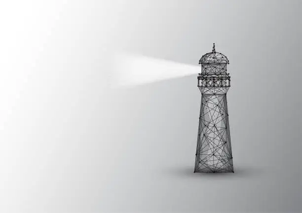 Vector illustration of Abstract polygonal lighting house with light beam made of black lines and dots on white background