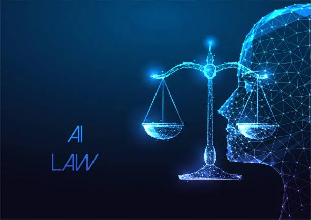 Vector illustration of Concept of AI law, artificial intelligence regulations in futuristic glowing low polygonal style