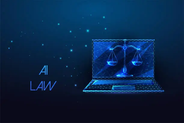 Vector illustration of AI law, legal ethics, cybersecurity futuristic concept with laptop and scales on blue background