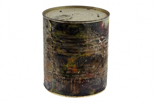 Horizontal photo of an Open Metallic Rectangular Can of Tuna in a perspective Pose. Canned Tuna Food Preserved with oil.