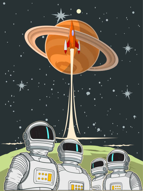 Retro Astronaut Team in Space Poster Stock Illustration vector art illustration