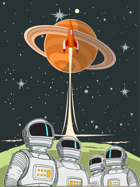 Vector illustration of Retro Astronaut Team in Space Poster Stock Illustration