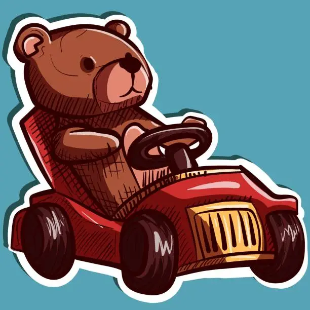 Vector illustration of Digital art of a brown teddy bear driving a red toy car. Driver stuffed animal vector in an automobile speeding.