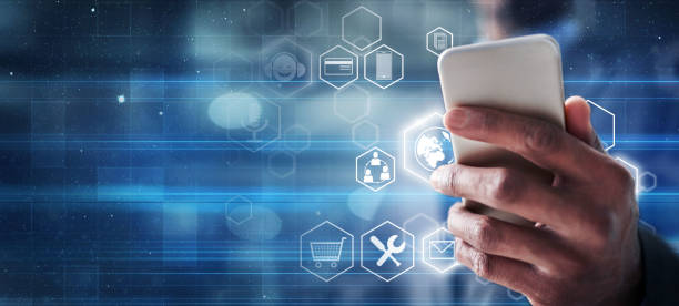 istock Phone, networking and digital transformation with hands of man and mockup for social media notification, future internet or app. Hologram and cloud computing with 3d icon for technology data or iot 1495388607