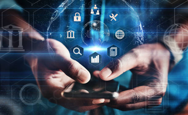 istock Phone app hologram, man hands and digital data display of information technology on mobile. Erp overlay, globe graphic and businessman with ai and media application icon on tech innovation software 1495388616