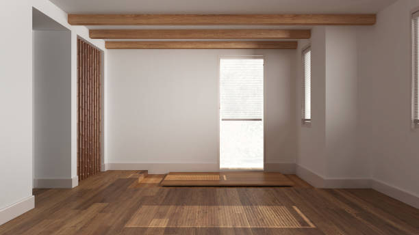istock Wooden empty room interior design, open space with parquet floor, window with venetian blinds, white walls, modern contemporary architecture concept idea 1495389137