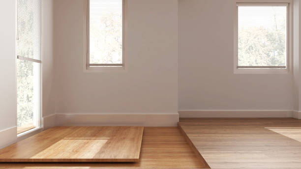 istock Wooden empty room interior design, open space with parquet floor, window with venetian blinds, white walls, modern contemporary architecture concept idea 1495389178