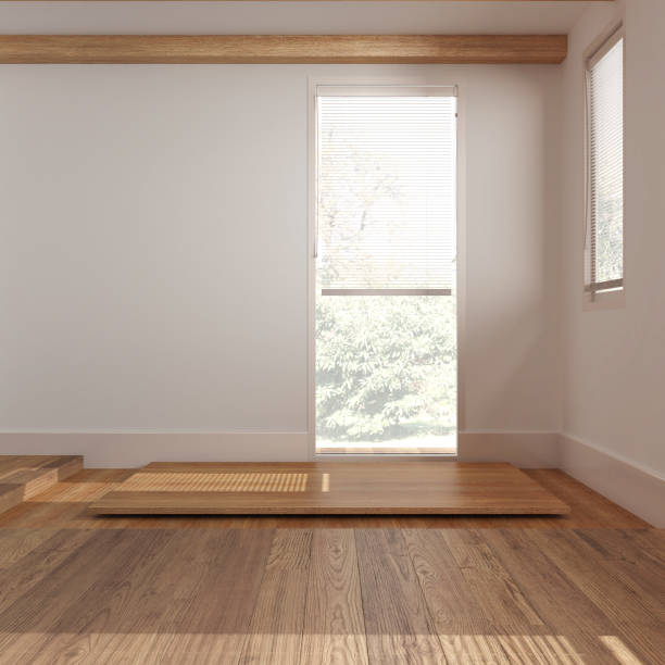 istock Wooden empty room interior design, open space with parquet floor, window with venetian blinds, white walls, modern contemporary architecture concept idea 1495389193